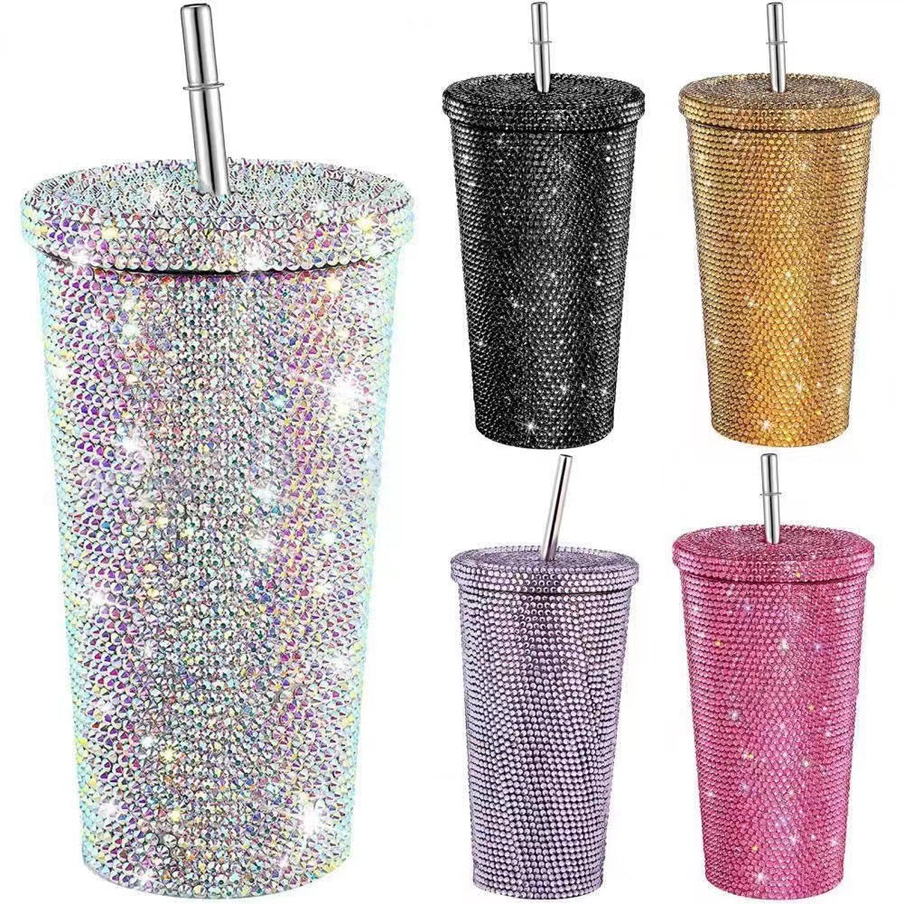 😍China RTS_16oz bling diamond-encrusted cup double-layer stainless steel straw cup stick drill rhinestone coffee cup