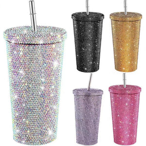 😍China RTS_16oz bling diamond-encrusted cup double-layer stainless steel straw cup stick drill rhinestone coffee cup