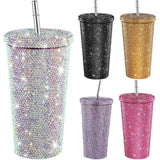 😍China RTS_16oz bling diamond-encrusted cup double-layer stainless steel straw cup stick drill rhinestone coffee cup