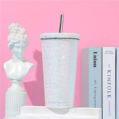 😍China RTS_16oz bling diamond-encrusted cup double-layer stainless steel straw cup stick drill rhinestone coffee cup