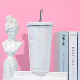😍China RTS_16oz bling diamond-encrusted cup double-layer stainless steel straw cup stick drill rhinestone coffee cup