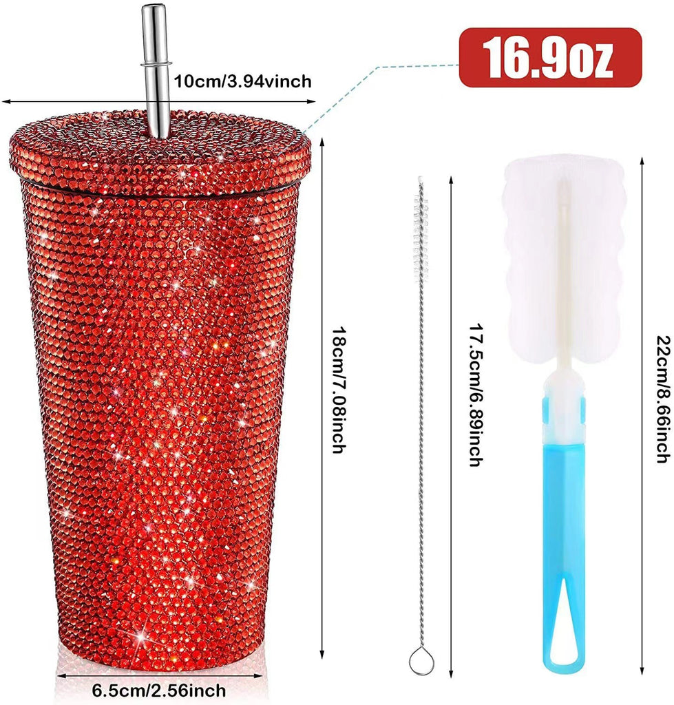 😍China RTS_16oz bling diamond-encrusted cup double-layer stainless steel straw cup stick drill rhinestone coffee cup
