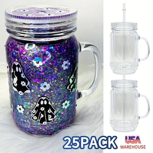 25 Pack Double Walled Mason Jars 20oz Plastic Cups with Handles for Snow Globe_GGblanks
