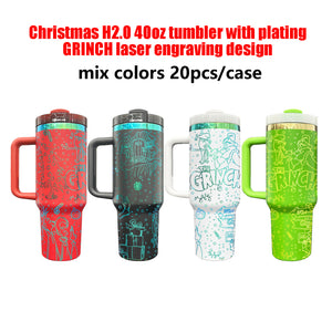 20 Pack Christmas 40oz H2.0 Tumbler with Plating Grinch Laser Engraving Design_GGblanks