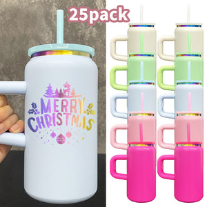 25 Pack Rainbow Plated Rainbow Underneath Kids 16oz Stainless Steel Can with Handle_GGblanks
