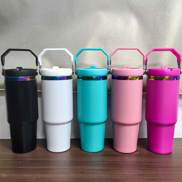 30oz GGblanks White/Macaron Colorful Student School Stanley Style 20oz 30oz Water Bottles Rainbow Plated Matte Glossy Tumblers with Flip Straw_GGblanks