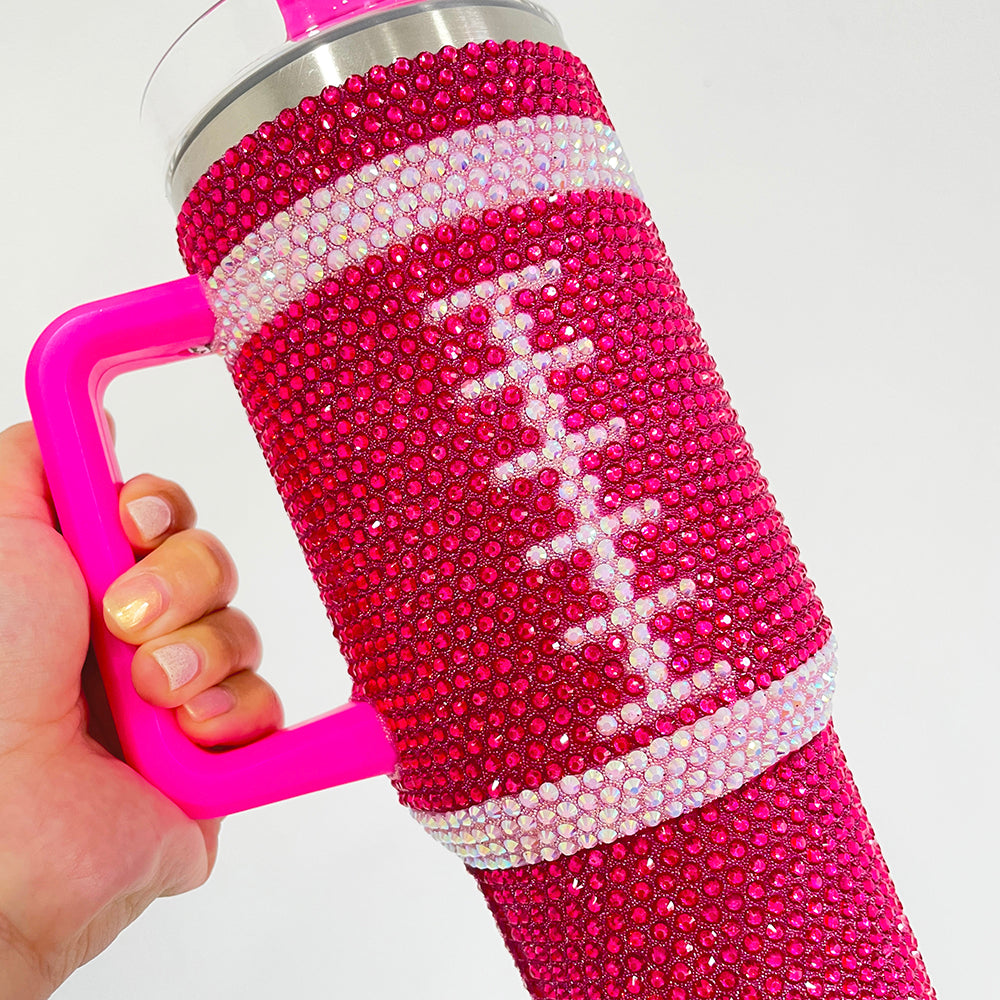 20 Pack USA RTS Hot Pink Black 40oz Sweet Heart Print/Football Diamond Bling Rhinestone Tumblers_GGblanks