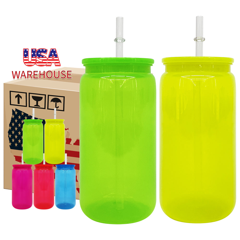 25 Pack 50 Pack 16oz Neon Glass Cans/Plastic 17oz Neon Mugs with Straws and Lids for Uv Dtf Wraps_GGblanks