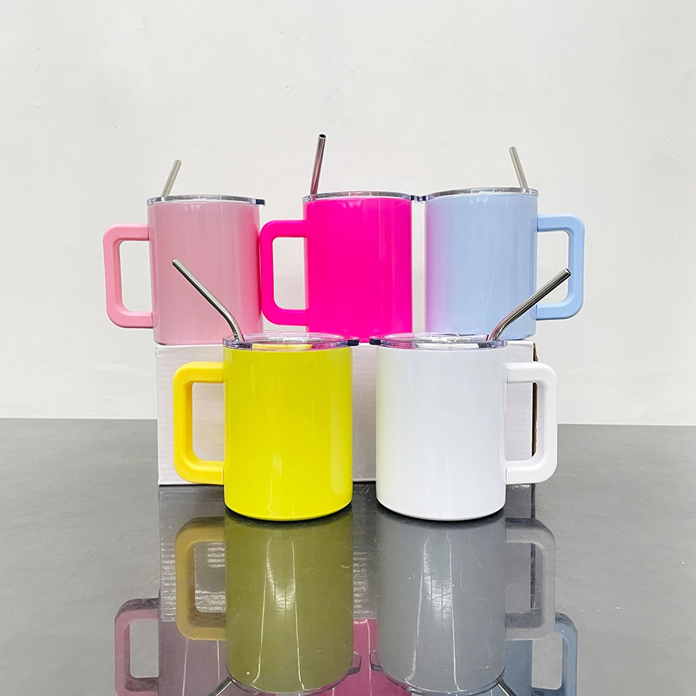 25 Pack 10oz Macaron Color/Black underneath Lowball Metal Tumblers With Removable Plastic Handle Water Cups With Magnetic Lids and Stainless Steel Straws_GGblanks
