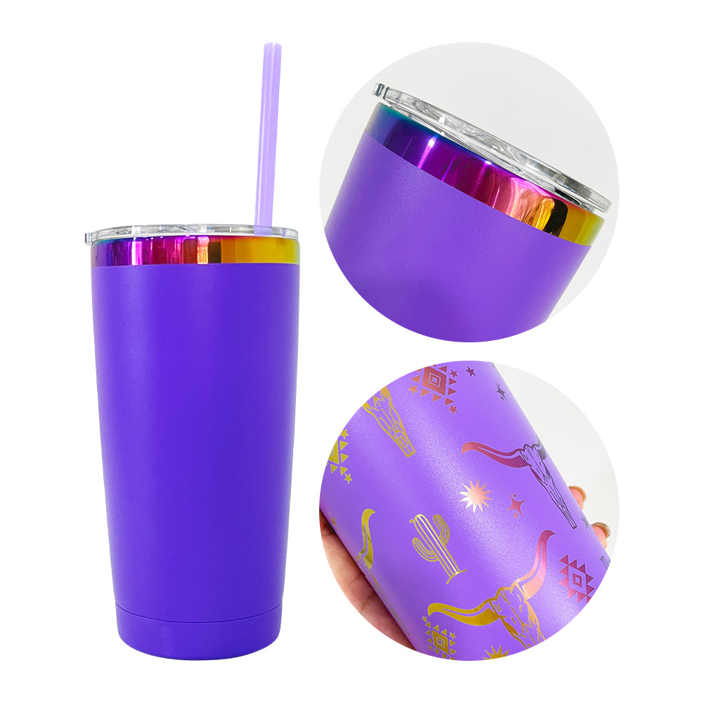 25 Pack Yeti 20oz Rainbow Plated Blue Plated Tumblers Power Coated Tumbers Car Cups Mugs with Colorful Straws_GGblanks