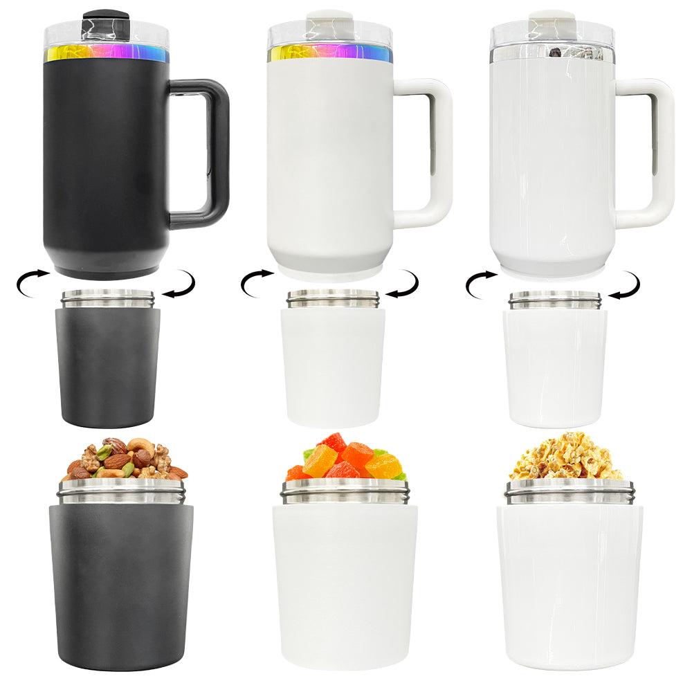 20 Pack GGblanks 2 in 1 40oz Quencher Tumbler with Snack Storage Compartment white for Sublimation& white Black Powder Rainbow Plated Tumblers for Laser Engraving_GGblanks