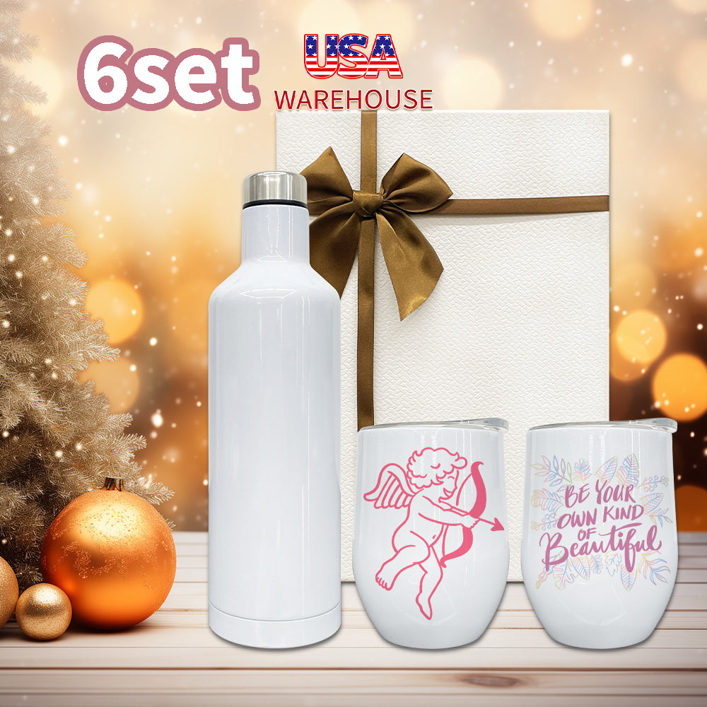 6 Sets Christmas Gifts Wine Tumbler And Bottle Gifts Set With Box 12oz Wine Tumblers and 17oz Water Bottles Both Work for Sublimation_GGblanks
