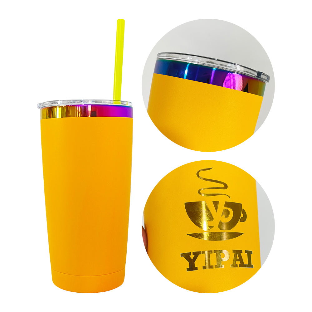 25 Pack Yeti 20oz Rainbow Plated Blue Plated Tumblers Power Coated Tumbers Car Cups Mugs with Colorful Straws_GGblanks