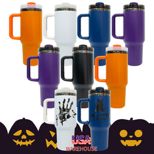 20 Pack 25 Pack Halloween 14oz/40oz Mirror Black Mirror Underneath Powder Coated Quencher Tumbler_GGblanks