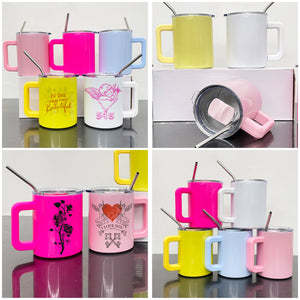 25 Pack 10oz Macaron Color/Black underneath Lowball Metal Tumblers With Removable Plastic Handle Water Cups With Magnetic Lids and Stainless Steel Straws_GGblanks