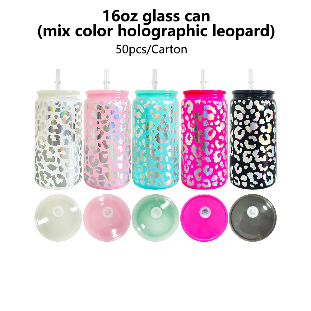 25 Pack 50 Pack 16oz Black Pink Teal White Clear with Holographic Leopard Glass Cans_GGblanks