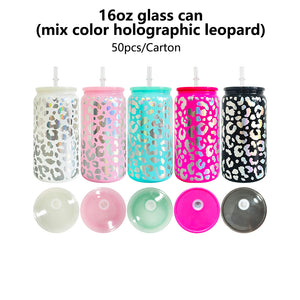 25 Pack 50 Pack 16oz Black Pink Teal White Clear with Holographic Leopard Glass Cans_GGblanks