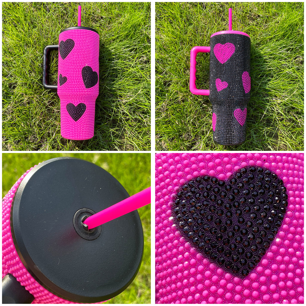 20 Pack USA RTS Hot Pink Black 40oz Sweet Heart Print/Football Diamond Bling Rhinestone Tumblers_GGblanks