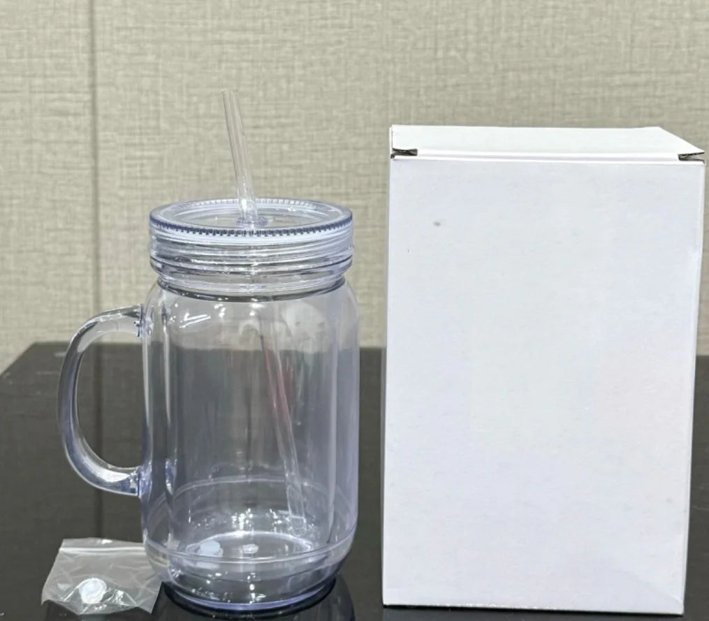 25 Pack Double Walled Mason Jars 20oz Plastic Cups with Handles for Snow Globe_GGblanks