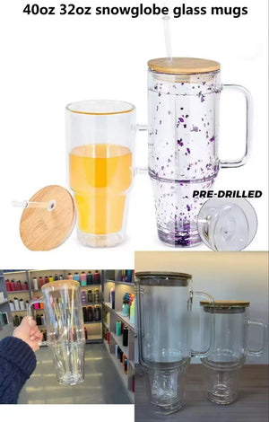 12 Pack 32oz 40oz Predrilled Glass Snow Globe Tumblers with Bamboo Lids Straws and Plugs for Sublimation_GGblanks