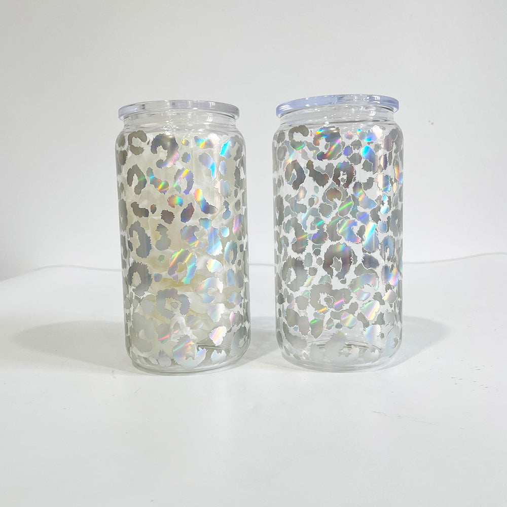 50 Pack USA RTS 16oz Clear Holographic Leopard Printed Glass cans with PP lids_GGblanks