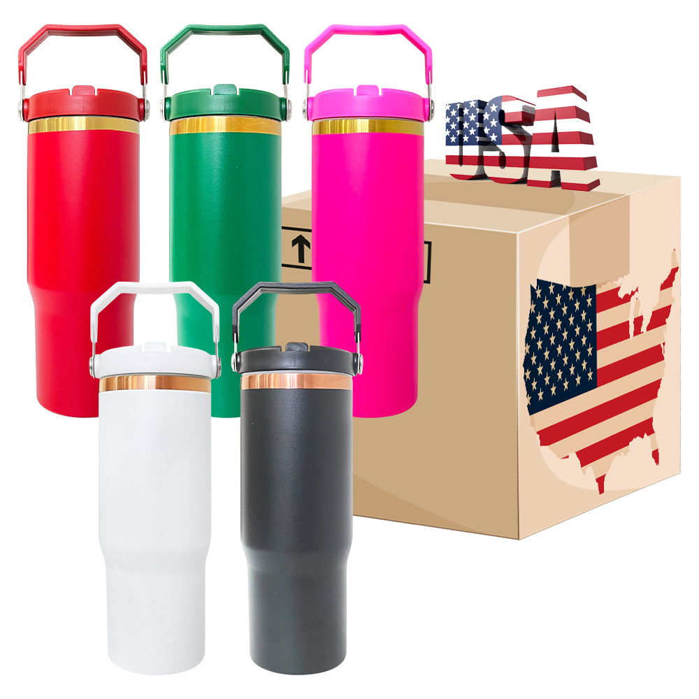 25 Pack 30oz Gold/Copper Plated Christmas Green Red Pink Black White Water Bottles with Flip Straws_GGblanks