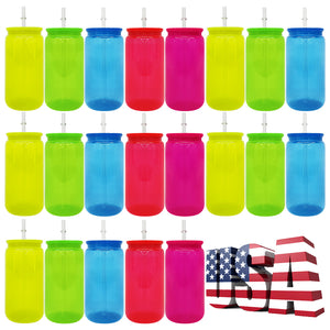 25 Pack 50 Pack 16oz Neon Glass Cans/Plastic 17oz Neon Mugs with Straws and Lids for Uv Dtf Wraps_GGblanks