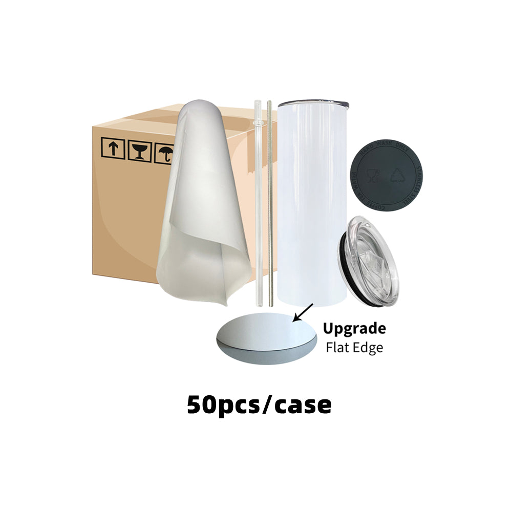 50 Pack 20oz Skinny Tumblers 90 Degree Flat Edge Inside Seamless Stainless Steel White Blank Sublimation Straight Tumbler With Plastic Straw & Black Silicone Gasket_GGblanks