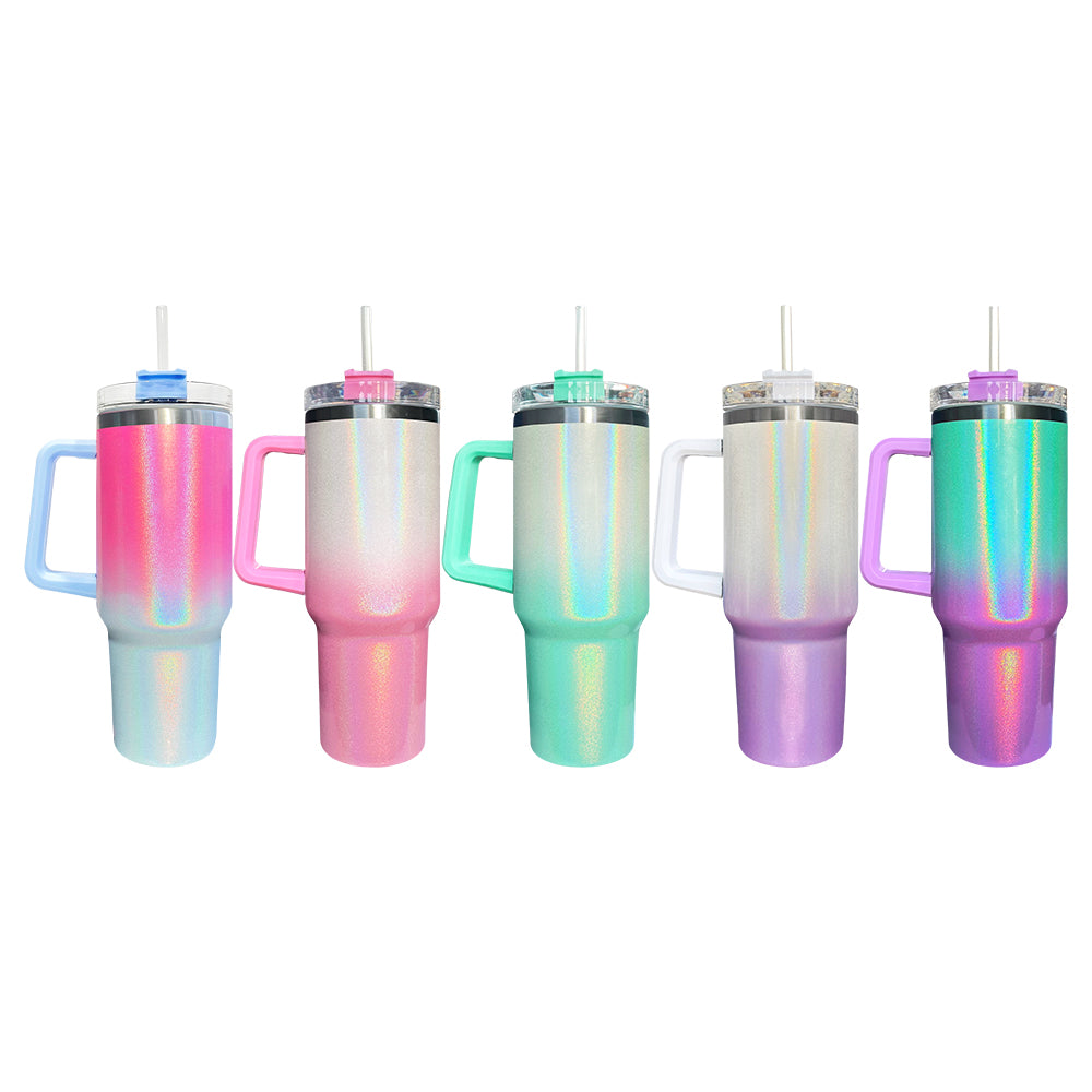 20 Pack 25 Pack 40oz Sublimation Blank Colorful Rainbow Shimmer Glitter Travel Tumbler with Handle_GGblanks