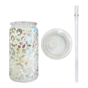 50 Pack USA RTS 16oz Clear Holographic Leopard Printed Glass cans with PP lids_GGblanks