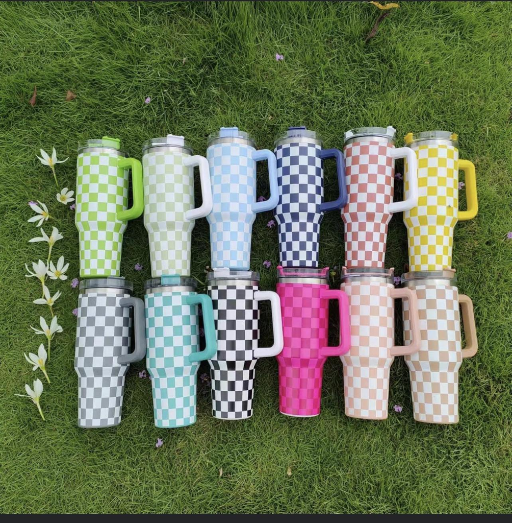 20 Pack 40oz Checkered Pattern Stainless Steel Mug with Handle H2.0_GGblanks