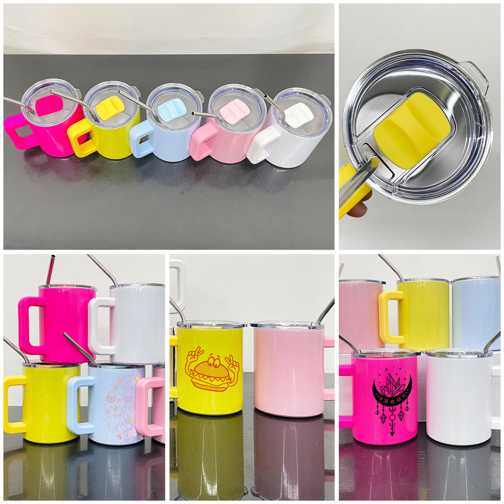 25 Pack 10oz Macaron Color/Black underneath Lowball Metal Tumblers With Removable Plastic Handle Water Cups With Magnetic Lids and Stainless Steel Straws_GGblanks