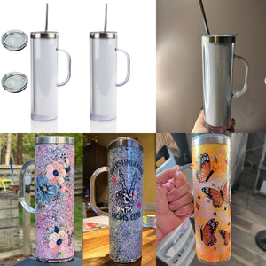 25 Pack Handle Avaliable 20oz White Sublimation Snow Globe Stainless Steel Inner Acrylic Outer Staight Tumbler_GGblanks