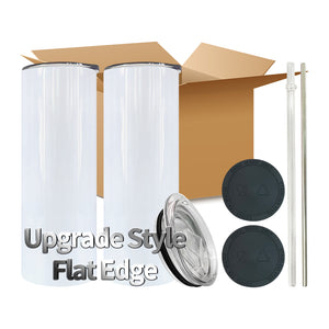50 Pack 20oz Skinny Tumblers 90 Degree Flat Edge Inside Seamless Stainless Steel White Blank Sublimation Straight Tumbler With Plastic Straw & Black Silicone Gasket_GGblanks