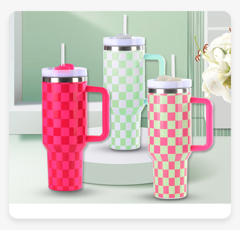 20 Pack 40oz Checkered Pattern Stainless Steel Mug with Handle H2.0_GGblanks