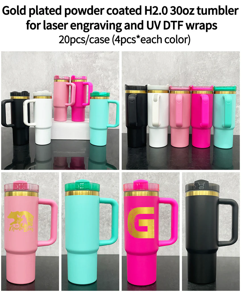 20 Pack 30oz Brushed Gold underneath Pink Hot Pink Black White Blue Powder Coated Quencher Tumblers_GGblanks