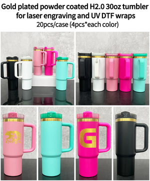 20 Pack 30oz Brushed Gold underneath Pink Hot Pink Black White Blue Powder Coated Quencher Tumblers_GGblanks