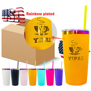 25 Pack Yeti 20oz Rainbow Plated Blue Plated Tumblers Power Coated Tumbers Car Cups Mugs with Colorful Straws_GGblanks