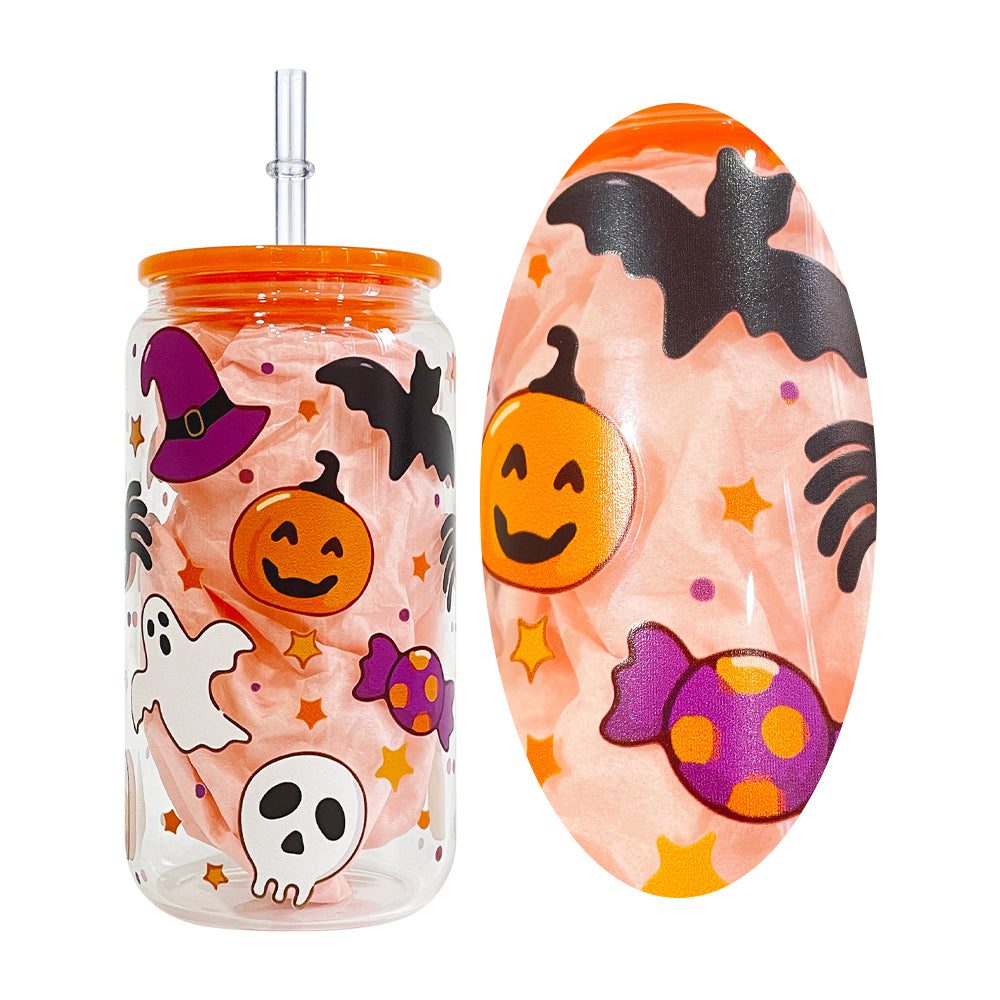 50 Pack 16oz Halloween UV DTF Wraps Designed Glasses Cans_GGblanks