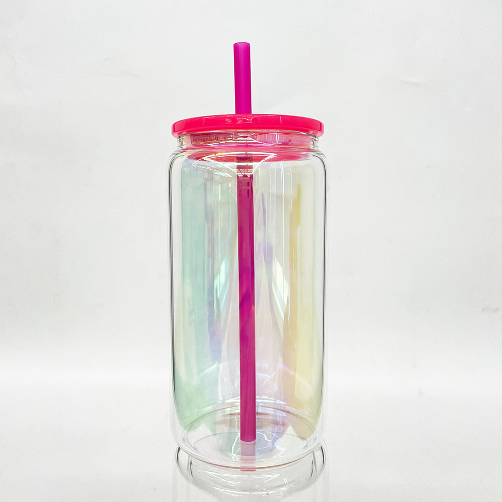 🔥😍16oz Rainbow Plated Glass Cans with Colorful Plastic Lids for Sublimation and UV DTF Wraps_GGblanks