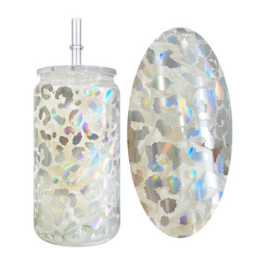 50 Pack USA RTS 16oz Clear Holographic Leopard Printed Glass cans with PP lids_GGblanks