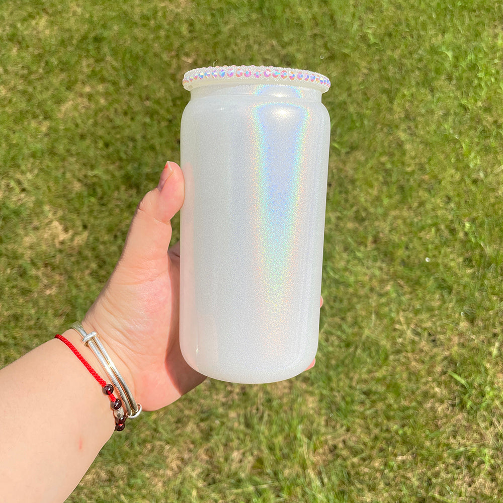 50 Pack 16oz Shimmer Glass Can With Bling Rhinestone Plastic Lids_GGblanks