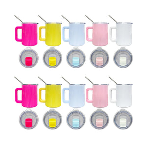 25 Pack 10oz Macaron Color/Black underneath Lowball Metal Tumblers With Removable Plastic Handle Water Cups With Magnetic Lids and Stainless Steel Straws_GGblanks