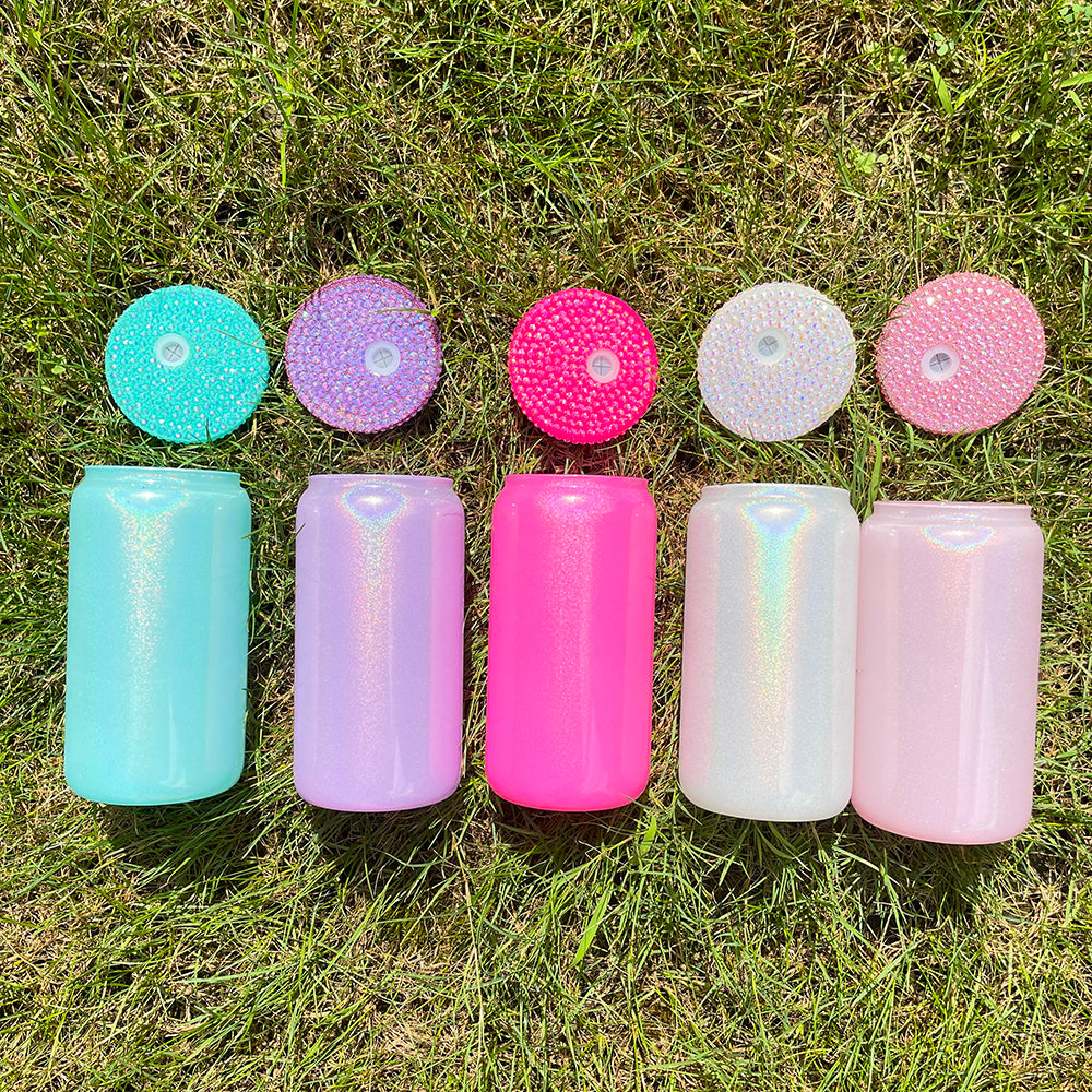 50 Pack 16oz Shimmer Glass Can With Bling Rhinestone Plastic Lids_GGblanks