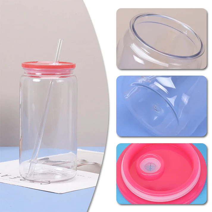 50 Pack Transparent Acrylic 16oz Plastic Can with Colored PP Lids_GGblanks
