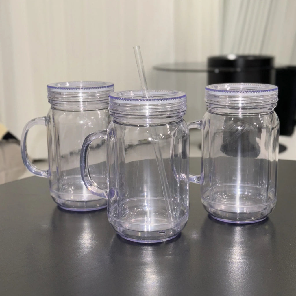 25 Pack Double Walled Mason Jars 20oz Plastic Cups with Handles for Snow Globe_GGblanks