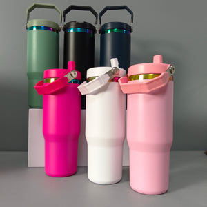25 Pack Normal/Rainbow Plated 30oz Stainless Steel Water Bottles with Flip Straws_GGblanks