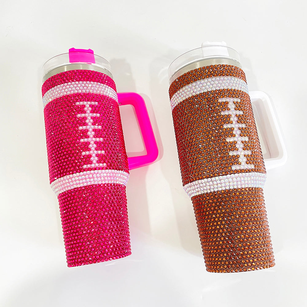 20 Pack USA RTS Hot Pink Black 40oz Sweet Heart Print/Football Diamond Bling Rhinestone Tumblers_GGblanks