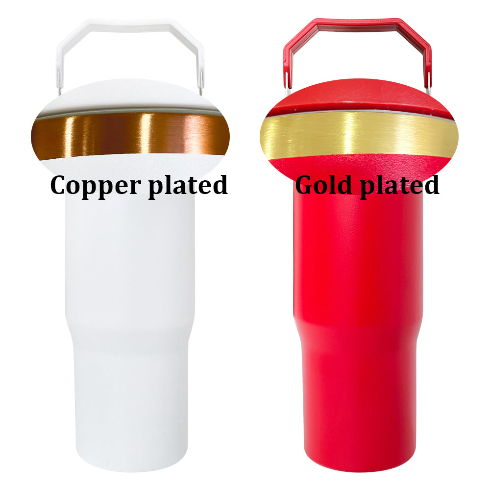 25 Pack 30oz Gold/Copper Plated Christmas Green Red Pink Black White Water Bottles with Flip Straws_GGblanks