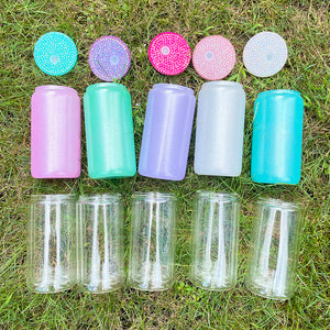 50 Pack 16oz Shimmer Glass Can With Bling Rhinestone Plastic Lids_GGblanks